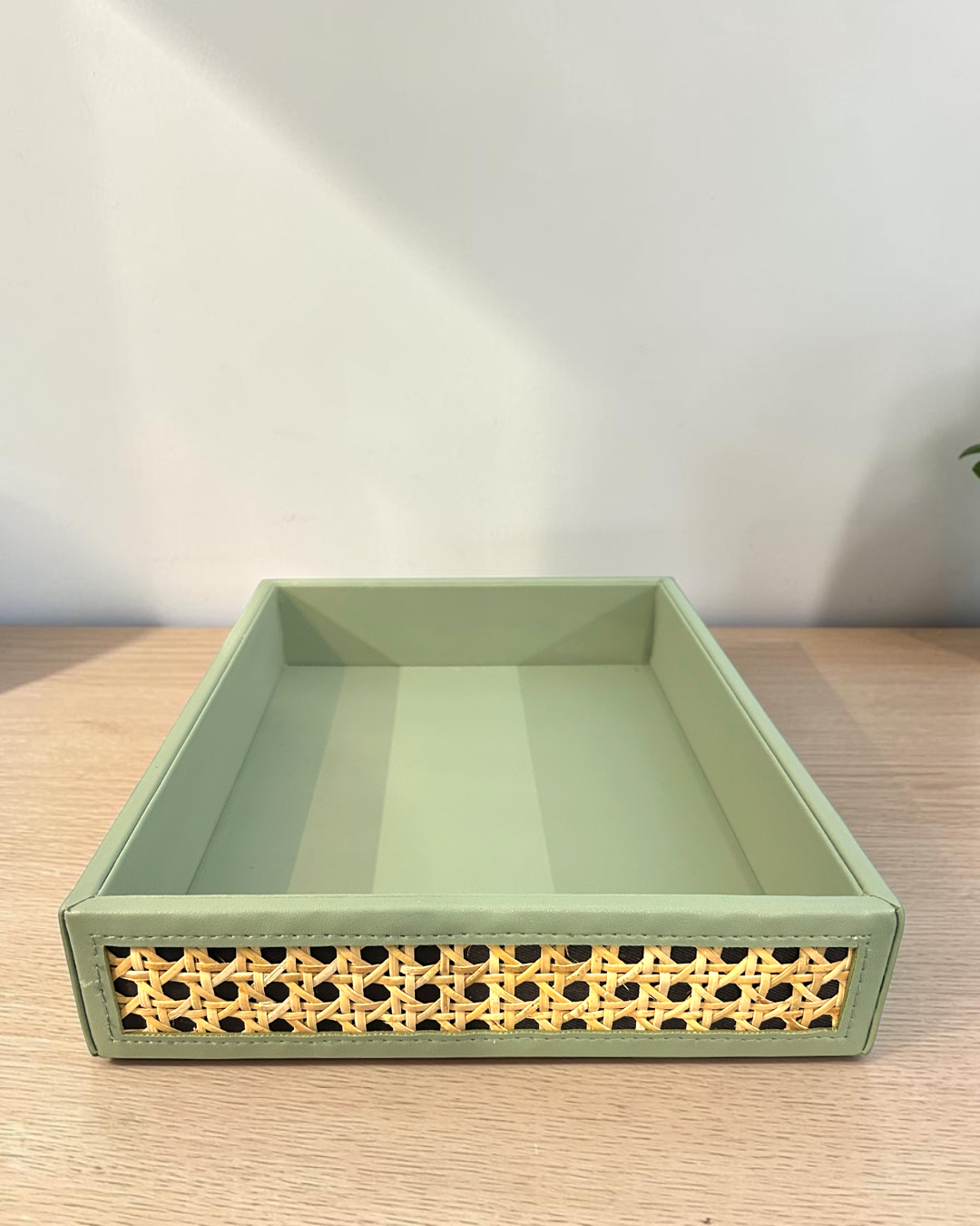 Premium Vegan Leather Rattan Cane  Tray | Decorative Home & Office Organizer | 4-Sided Natural Rattan Cane Tray |