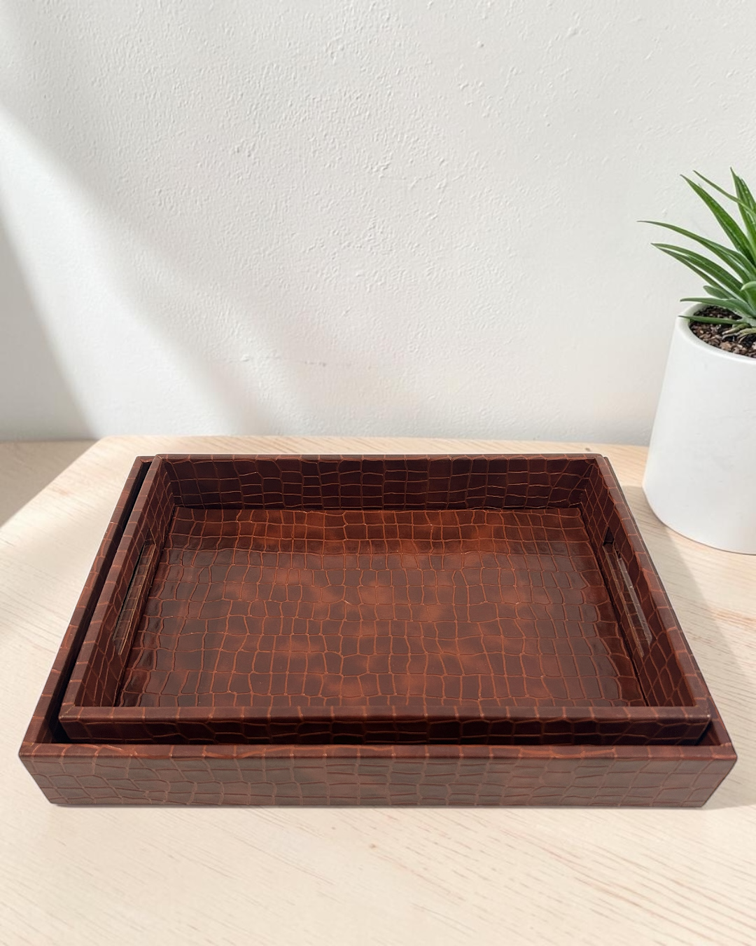 Luxury Croco Leatherite Serving Tray with Side Handles | Premium Faux Leather Decorative Tray for Home & Office