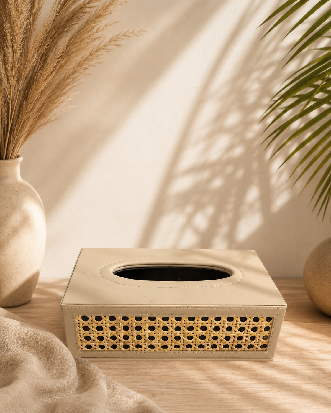 Luxury Natural Rattan Cane Tissue Box  – Premium Vegan Leather Tissue Box with Suede Interior for Home & Office Décor | Luxury Rattan Cane Tissue Box Holder | Vegan Leather Tissue Organizer for Home & Office