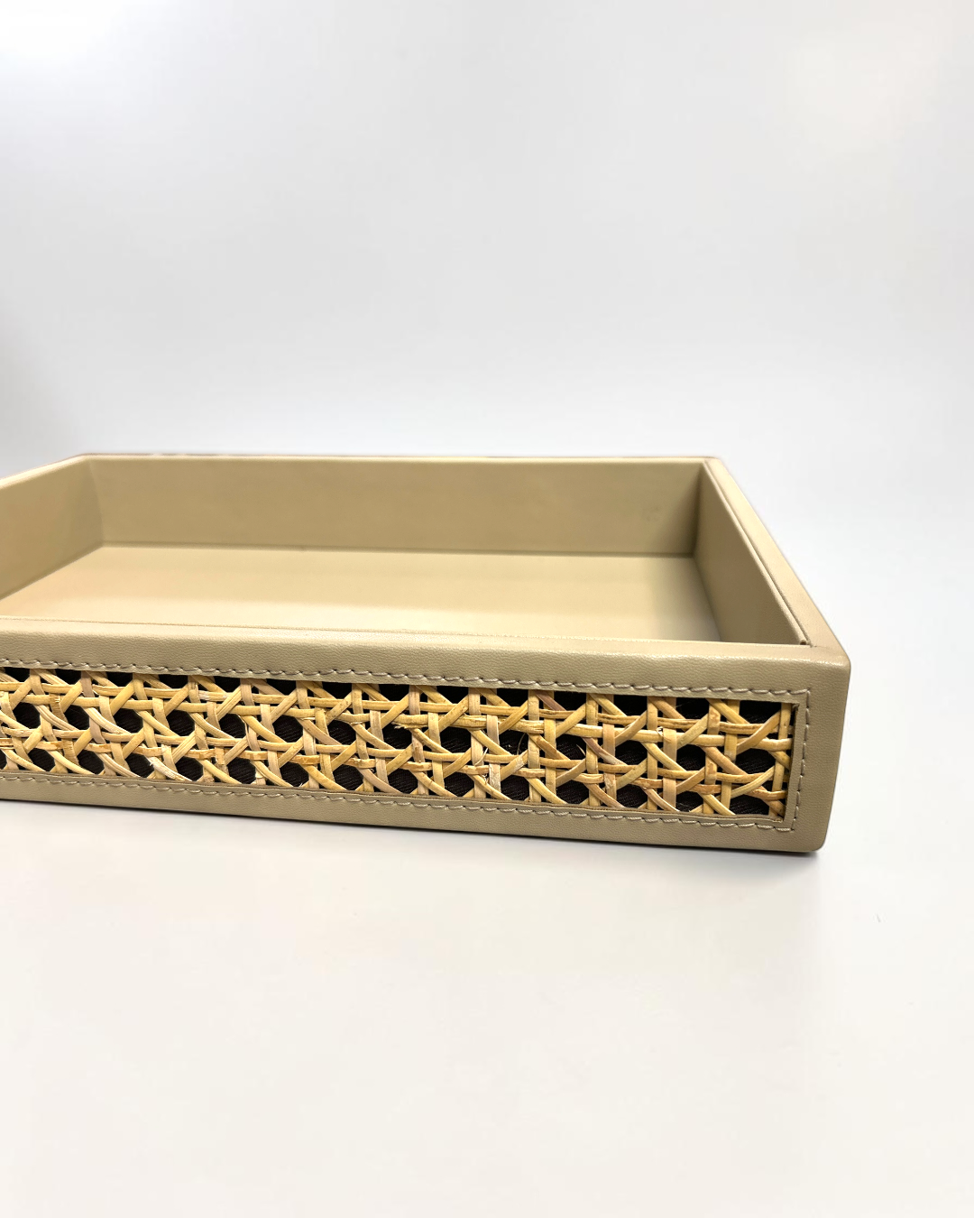 Luxury Vegan Leather & Natural Rattan Cane Tray – Premium Handmade Serving & Organizer Tray (Four-Side Cane Design)