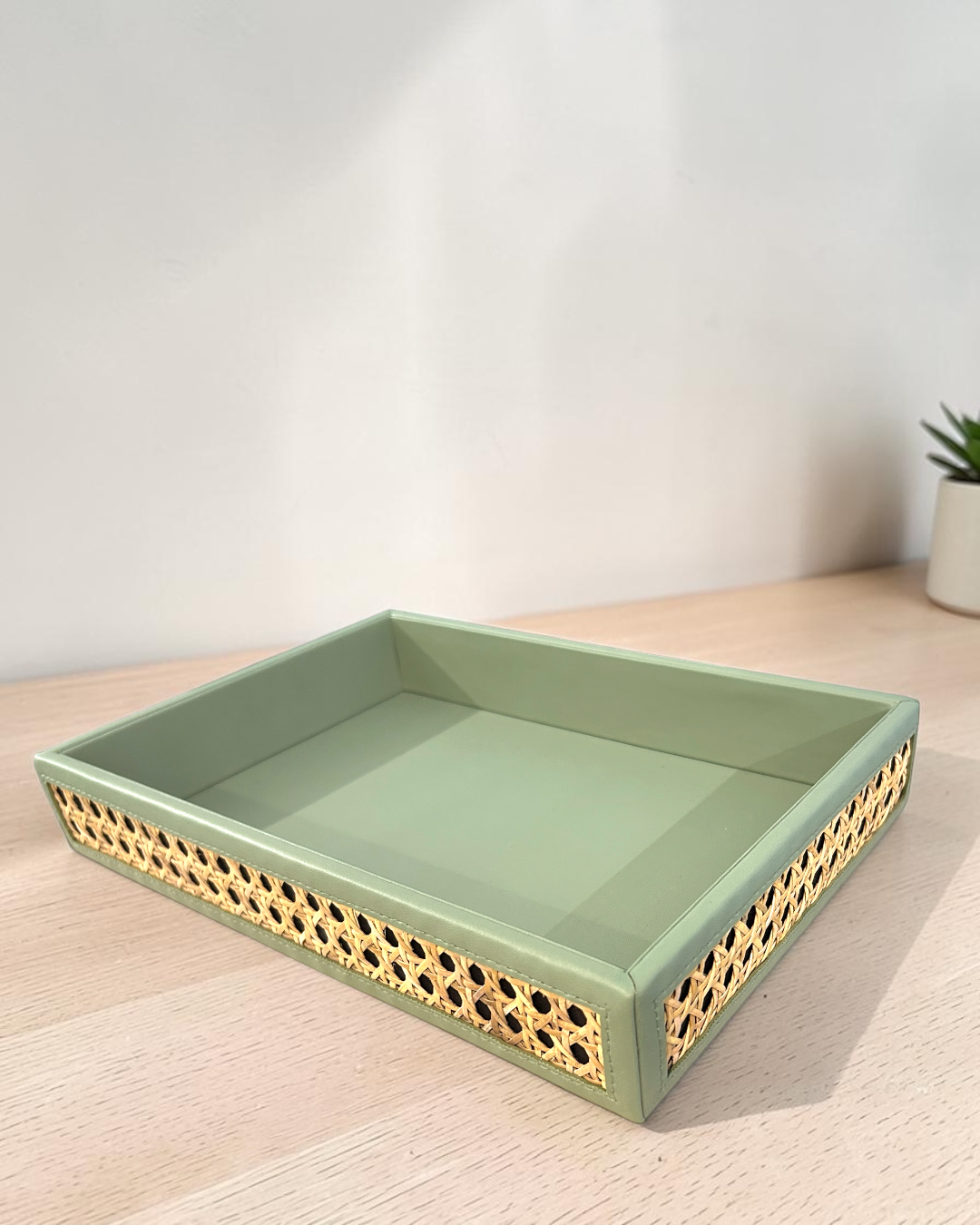Premium Vegan Leather Rattan Cane Serving Tray | Handwoven Four-Side Cane Decorative Organizer Tray for Home, Office & Coffee Table