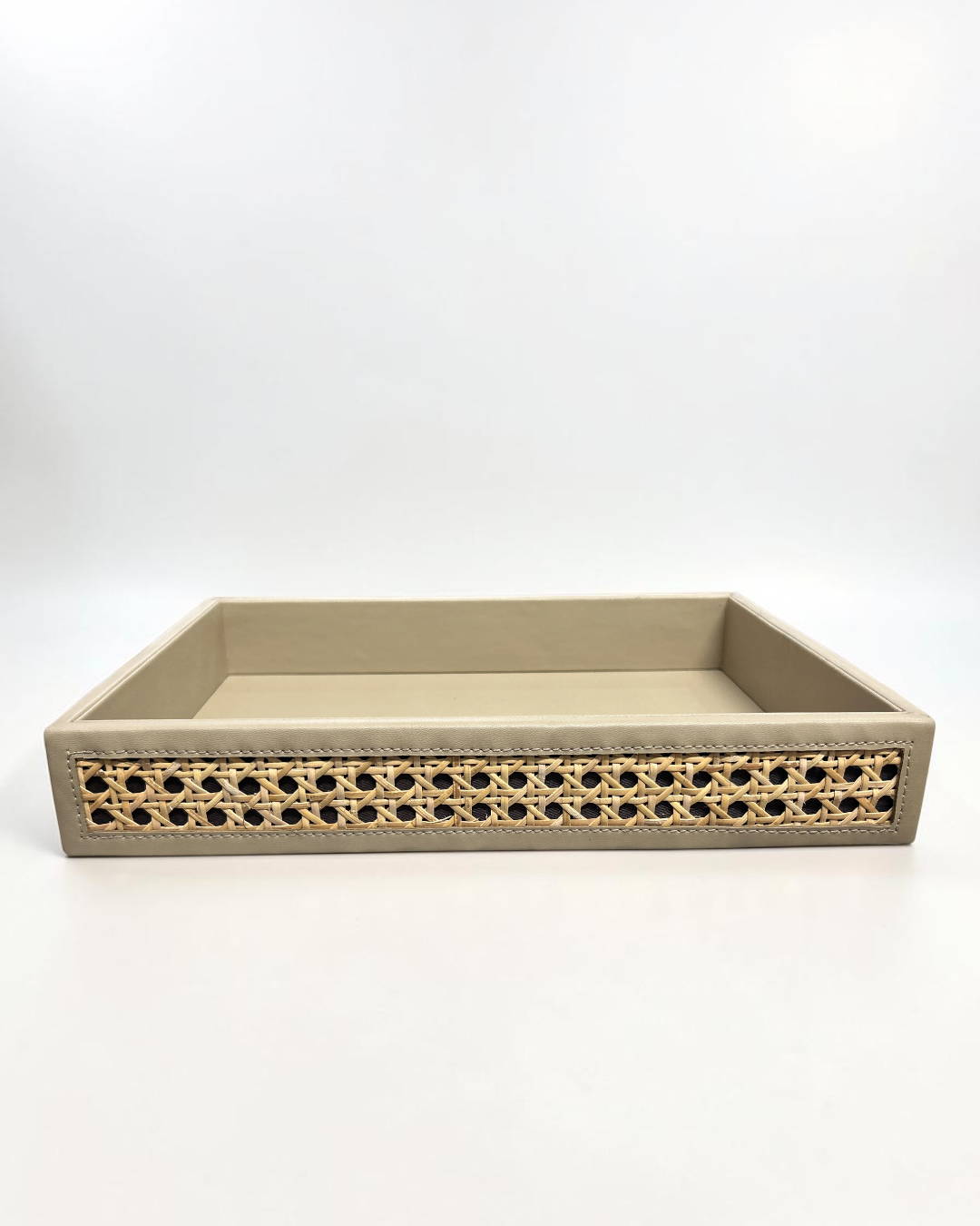 Luxury Vegan Leather & Natural Rattan Cane Tray – Premium Handmade Serving & Organizer Tray (Four-Side Cane Design)