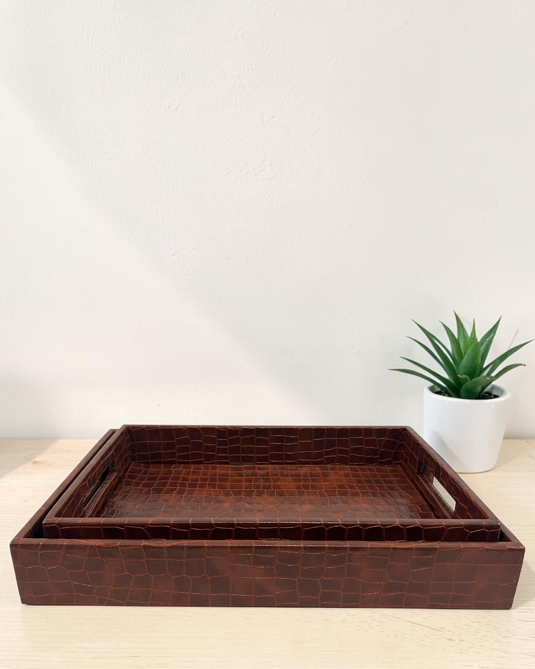 Luxury Croco Leatherite Serving Tray with Side Handles | Premium Faux Leather Decorative Tray for Home & Office
