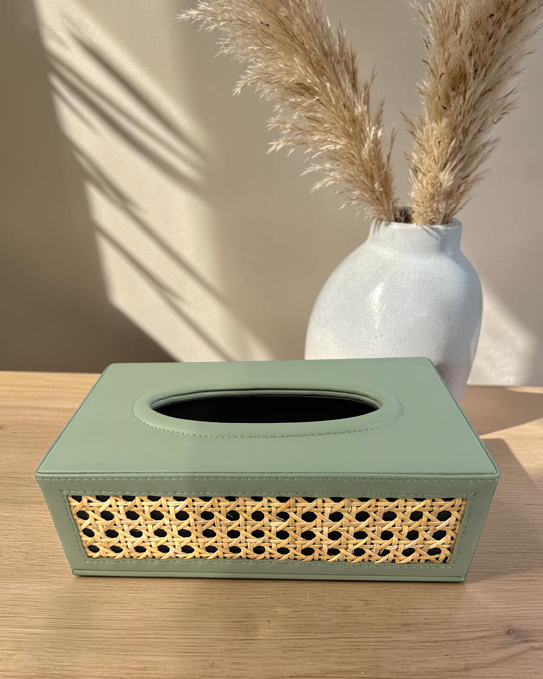 Luxury Natural Rattan Cane Tissue Box  – Premium Vegan Leather Tissue Box with Suede Interior for Home & Office Décor | Luxury Rattan Cane Tissue Box Holder | Vegan Leather Tissue Organizer for Home & Office