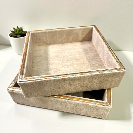 Premium Leatherite Tray Set (2 Pieces) –  Soft Fur Finish with Golden Piping