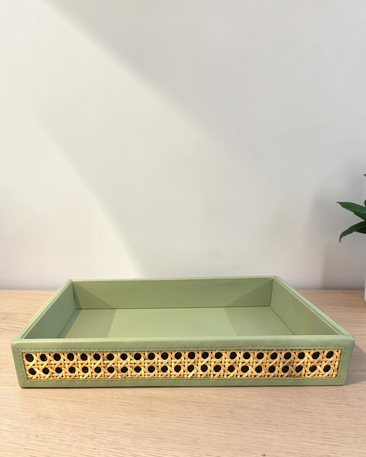 Premium Vegan Leather Rattan Cane  Tray | Decorative Home & Office Organizer | 4-Sided Natural Rattan Cane Tray |