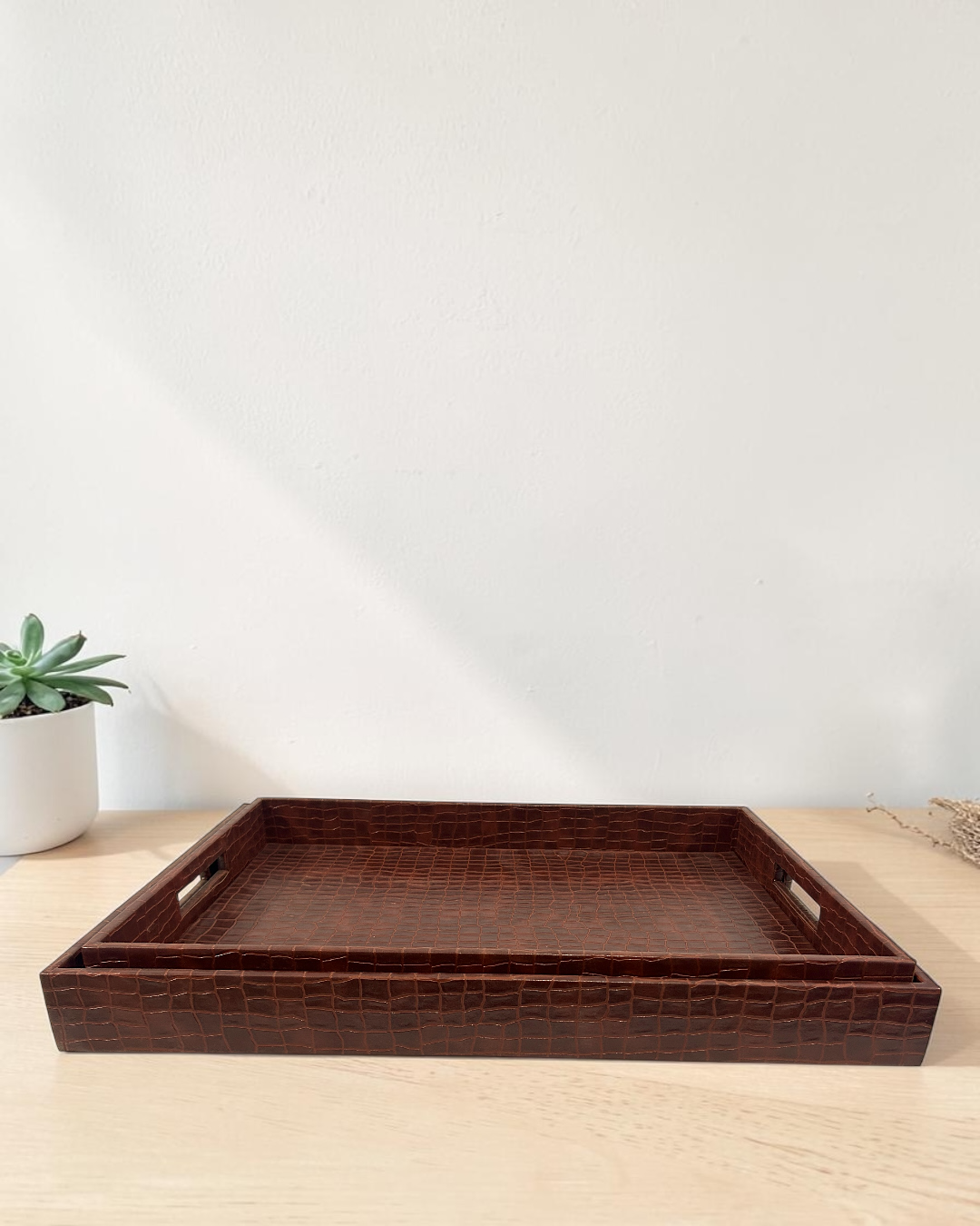 Luxury Croco Leatherite Serving Tray with Side Handles | Premium Faux Leather Decorative Tray for Home & Office