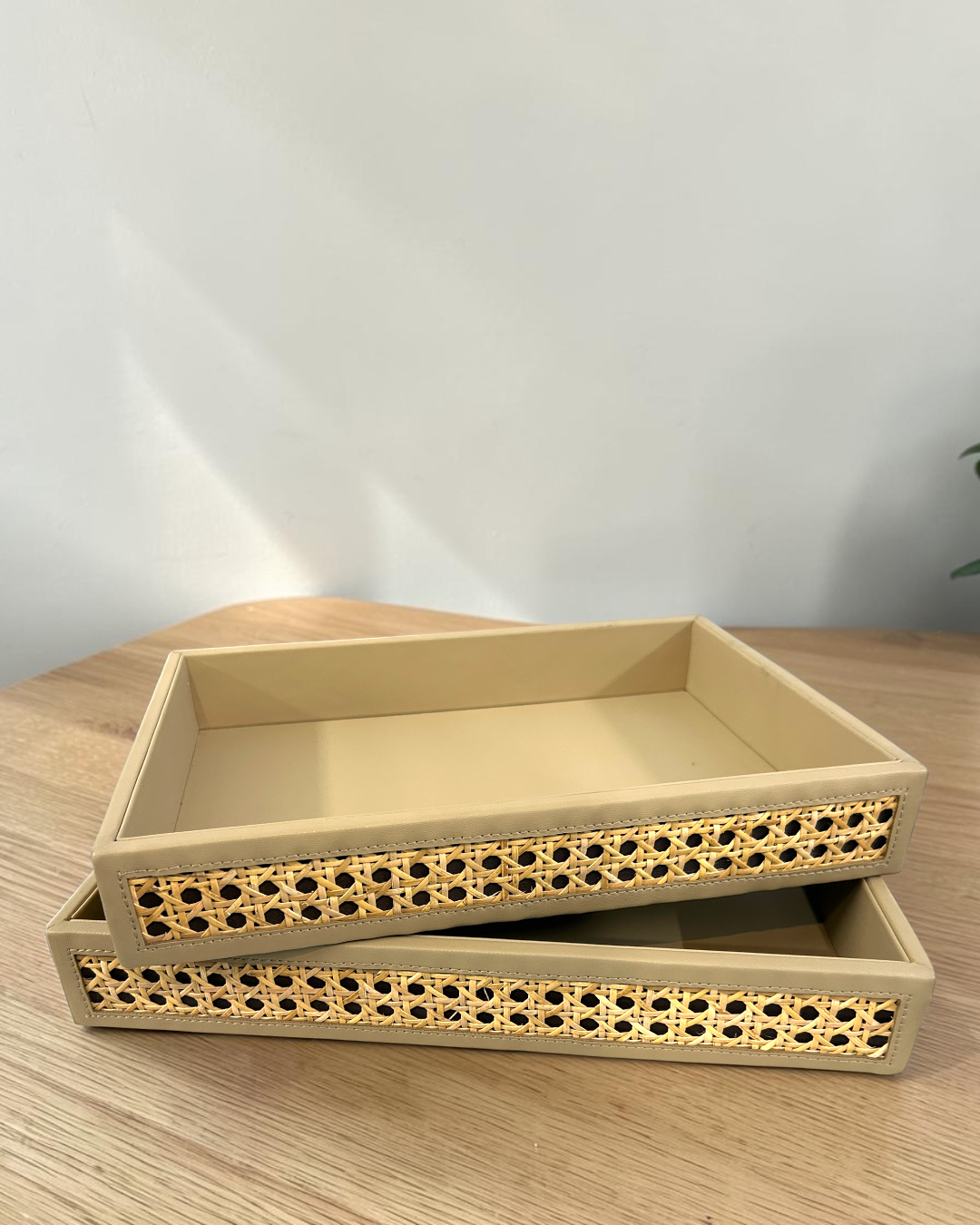 Luxury Vegan Leather & Natural Rattan Cane Tray – Premium Handmade Serving & Organizer Tray (Four-Side Cane Design)