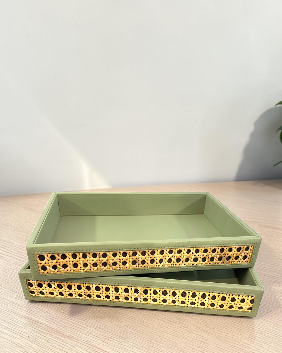 Premium Vegan Leather Rattan Cane Serving Tray | Handwoven Four-Side Cane Decorative Organizer Tray for Home, Office & Coffee Table